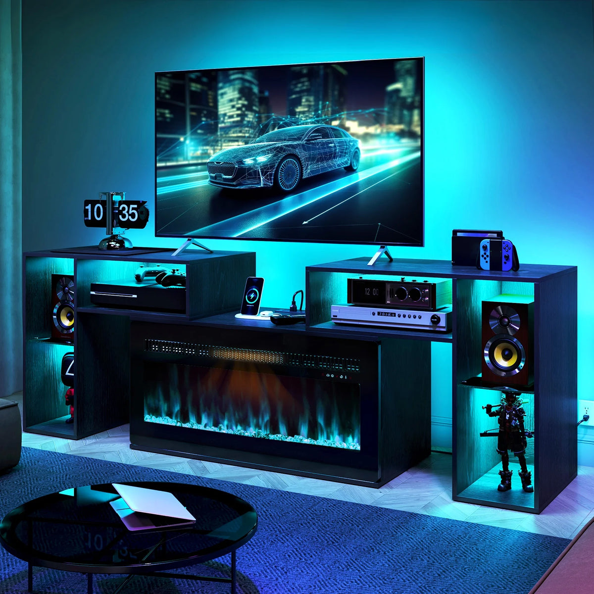 White Entertainment Center with Electric Fireplace and 42 Fireplace X489137