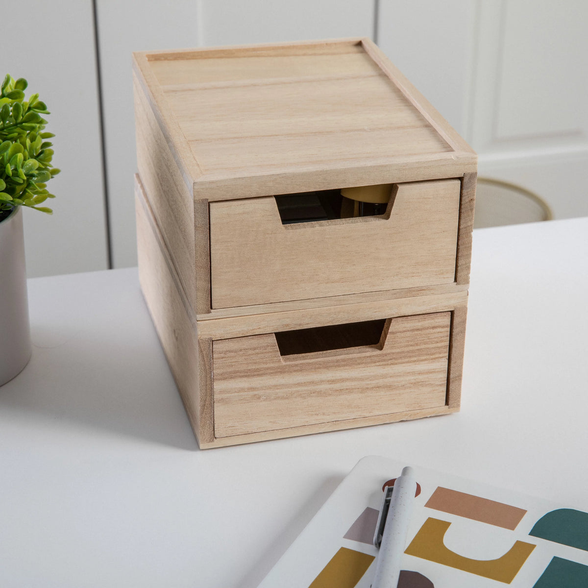 2 Pack Stackable Light Natural Paulownia Wood Boxes with Drawers I52781