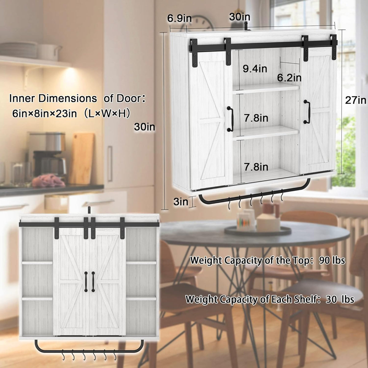 Black Wood Wall Storage Cabinet with Two Sliding Barn Door 3 Tier K880667