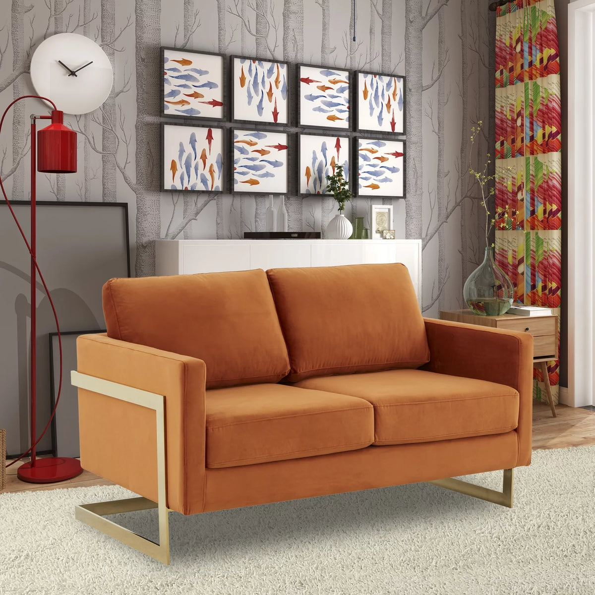 Upholstered Velvet Loveseat with Gold Frame S967