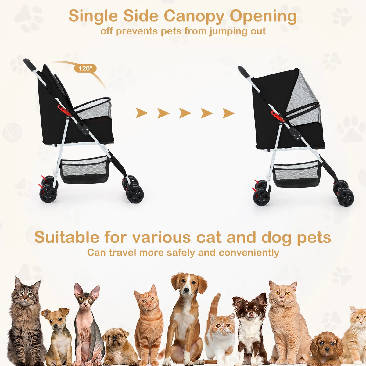 Folding Pet Stroller with Storage Basket, Black I462976