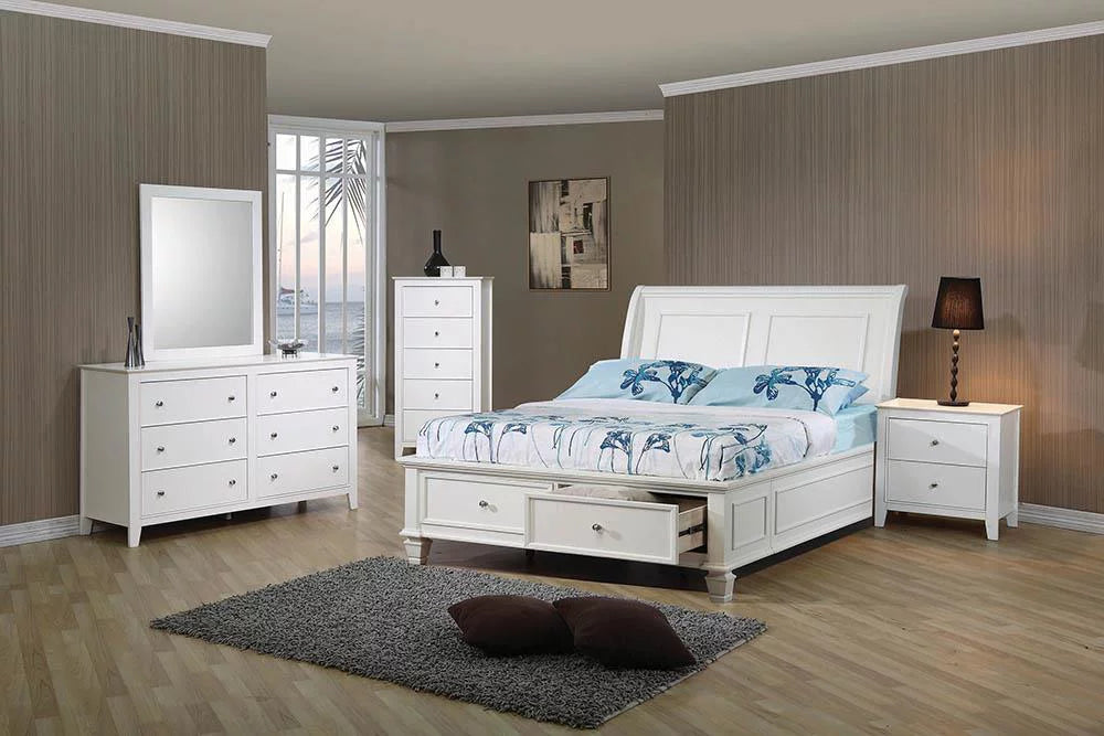 Full Sleigh Bed with Footboard Storage Cream White V37660