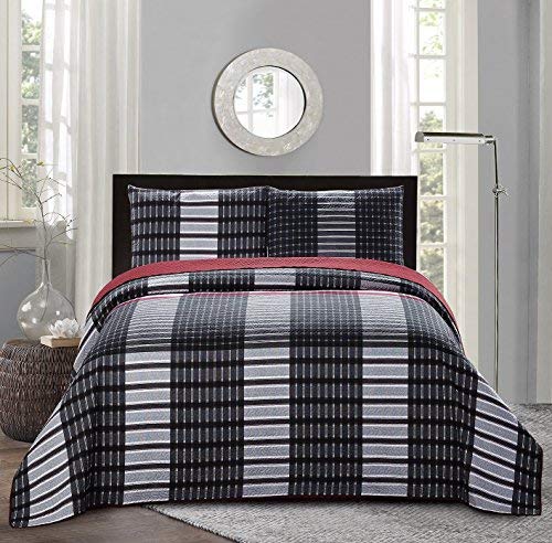 3pc Plaid Printed Reversible Bedspread Quilt Set Full Queen Size P466