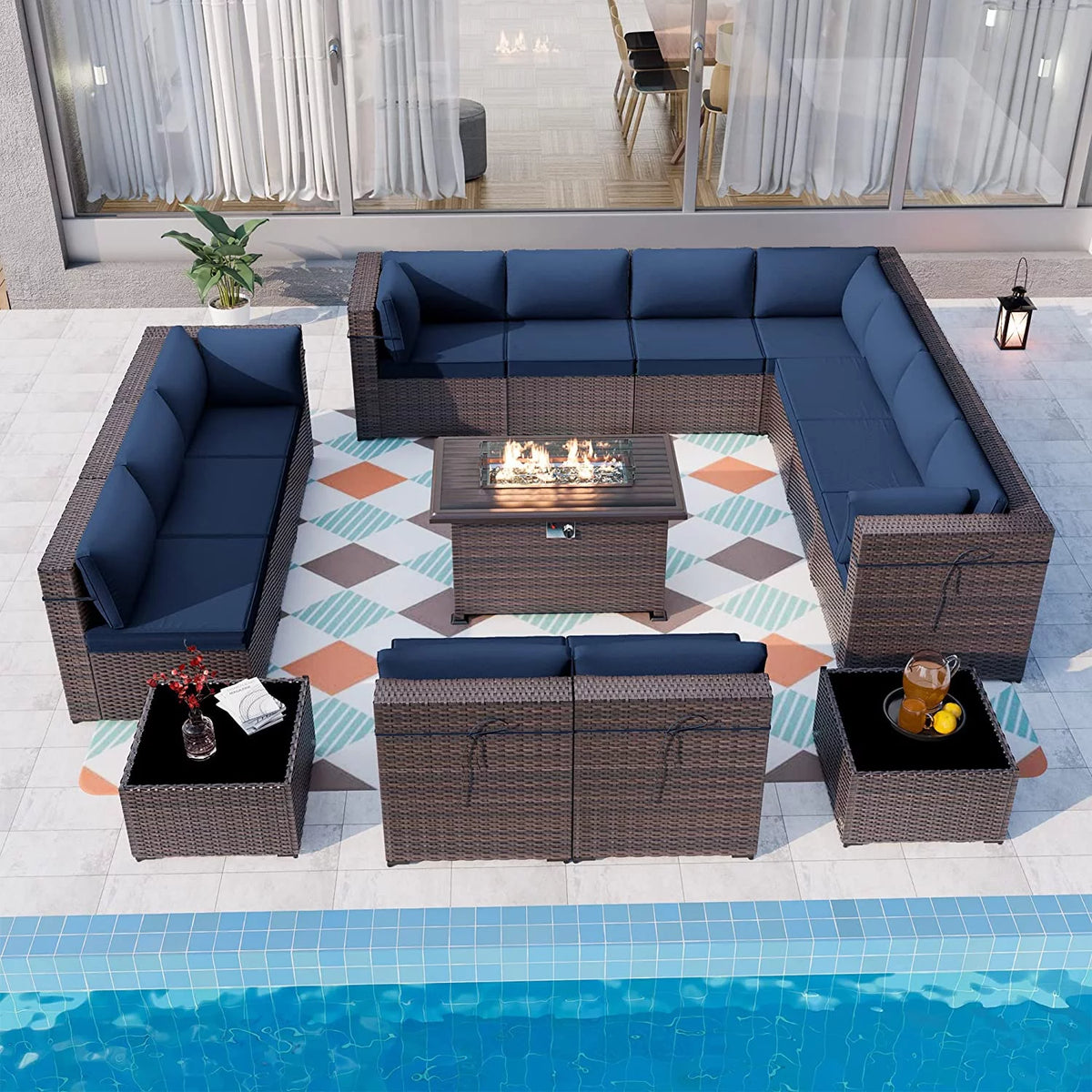 15 Pieces Outdoor Patio Furniture Set with Propane Fire Pit Table Navy Blue M1290