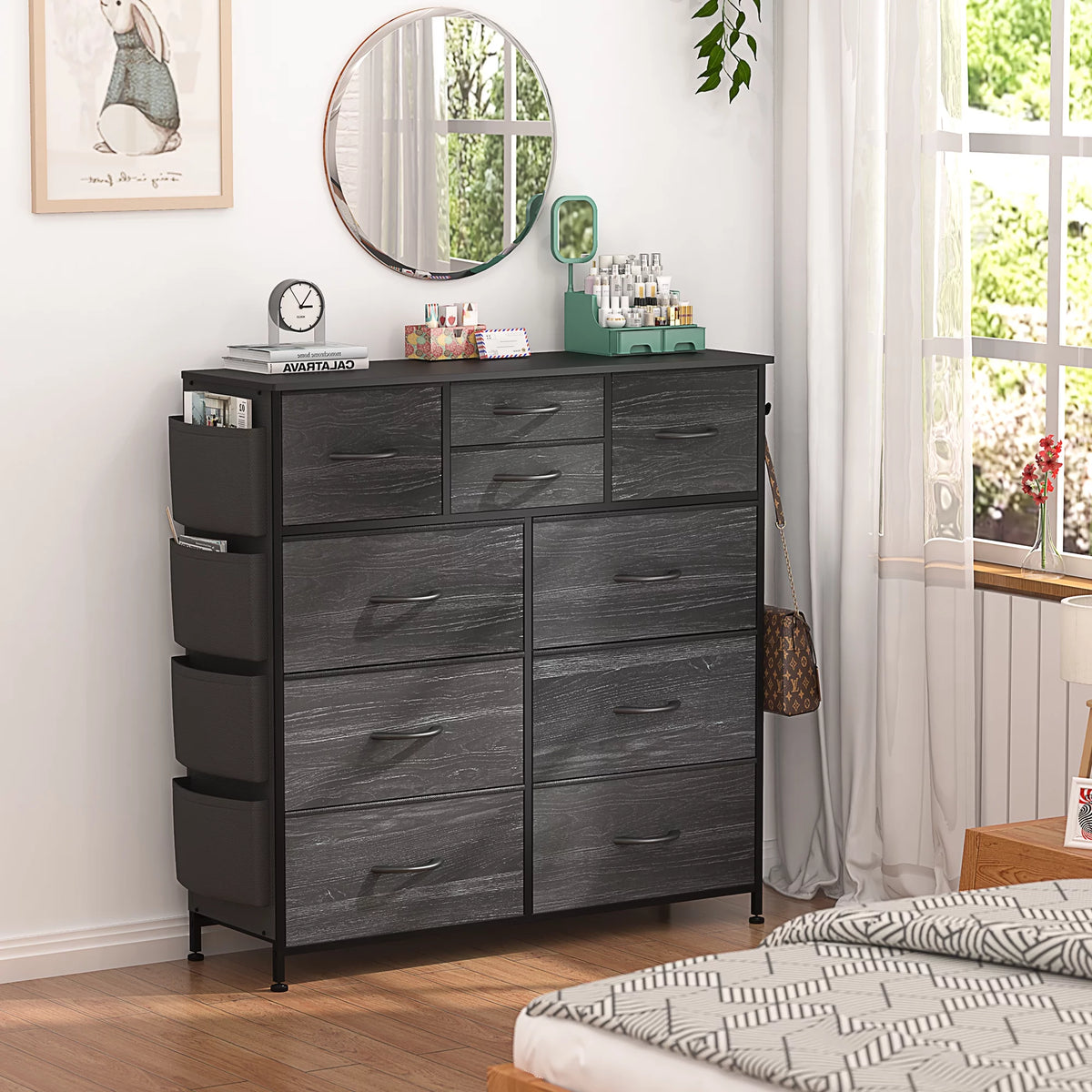 Black 10 Drawer Fabric Dresser with Wood Top W671351