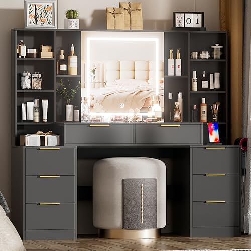 Large White Makeup Vanity Desk with Lighted Mirror and Power Outlet U551