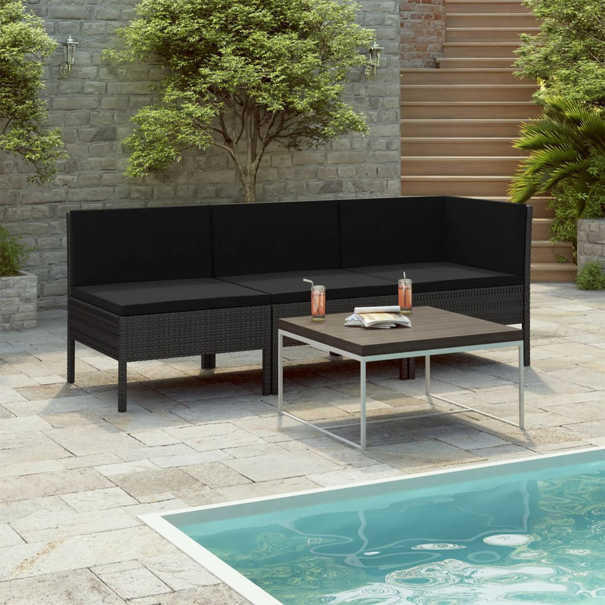 3 Piece Poly Rattan Outdoor Sectional Sofa Set with Cushions Steel Frame J3708