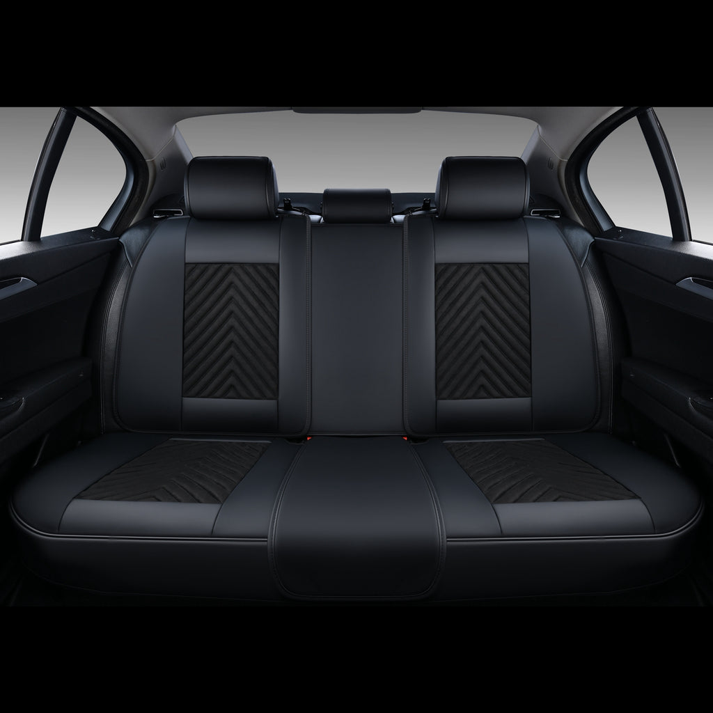 Black Suede and Leather Front and Rear Car Seat Covers, 5 Seats O112