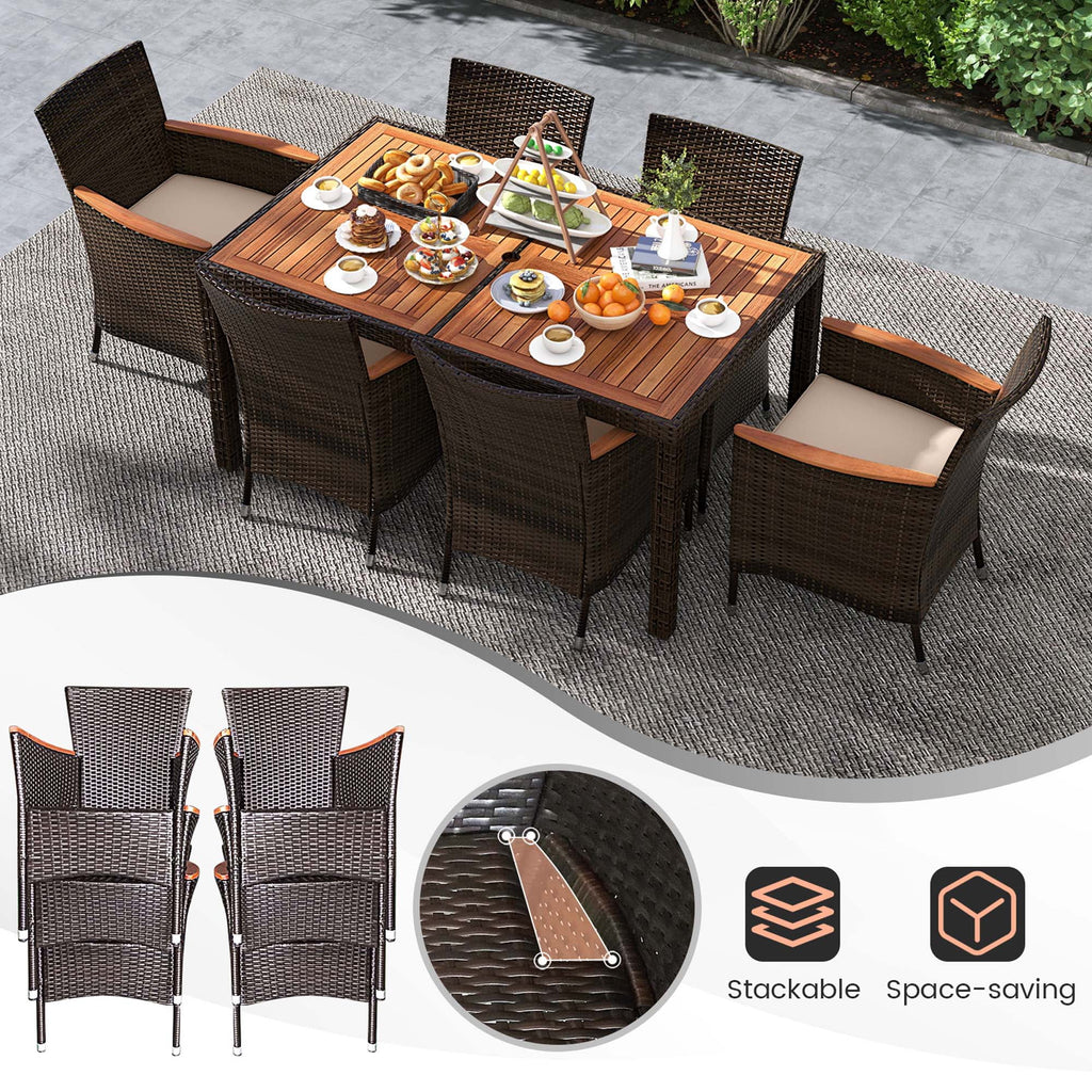 7 Pieces Outdoor Wicker Dining Set with Acacia Wood Table A537885