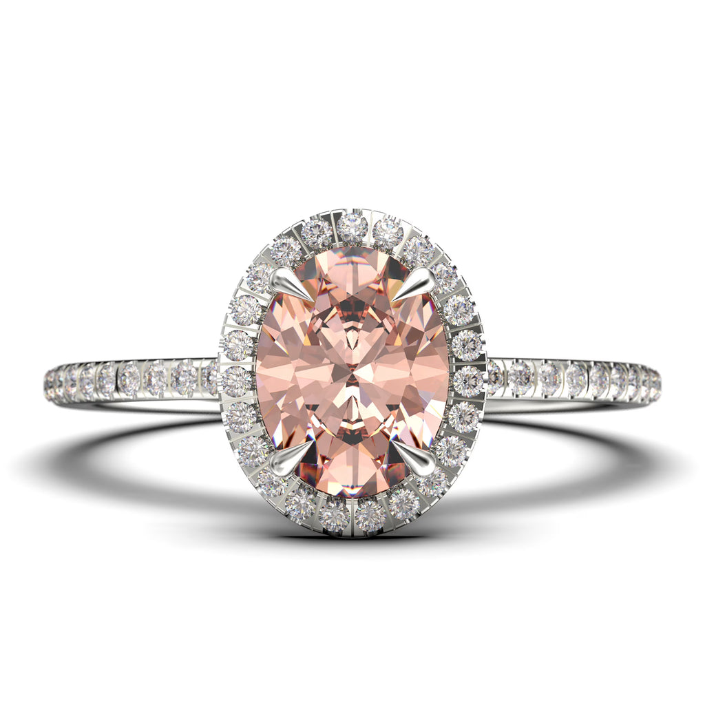 Art Deco 2.25 Carat Oval Cut Morganite And Diamond Moissanite Engagement Ring in 925 Sterling Silver With 18k White Gold Plating C451