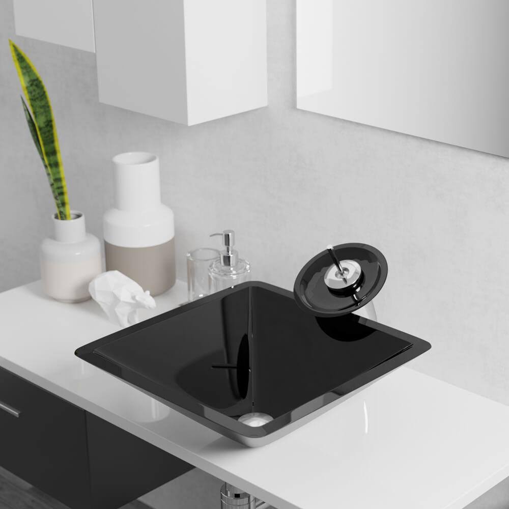 16-1/2x22 Glass Vessel Bathroom Sink with Vessel Faucet Noir Dark Q343216