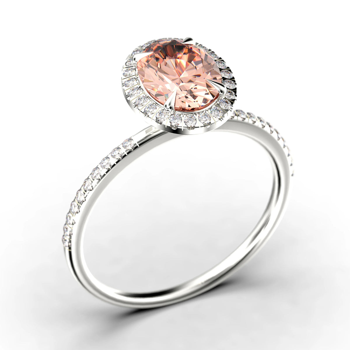 Art Deco 2.25 Carat Oval Cut Morganite And Diamond Moissanite Engagement Ring in 925 Sterling Silver With 18k White Gold Plating C451