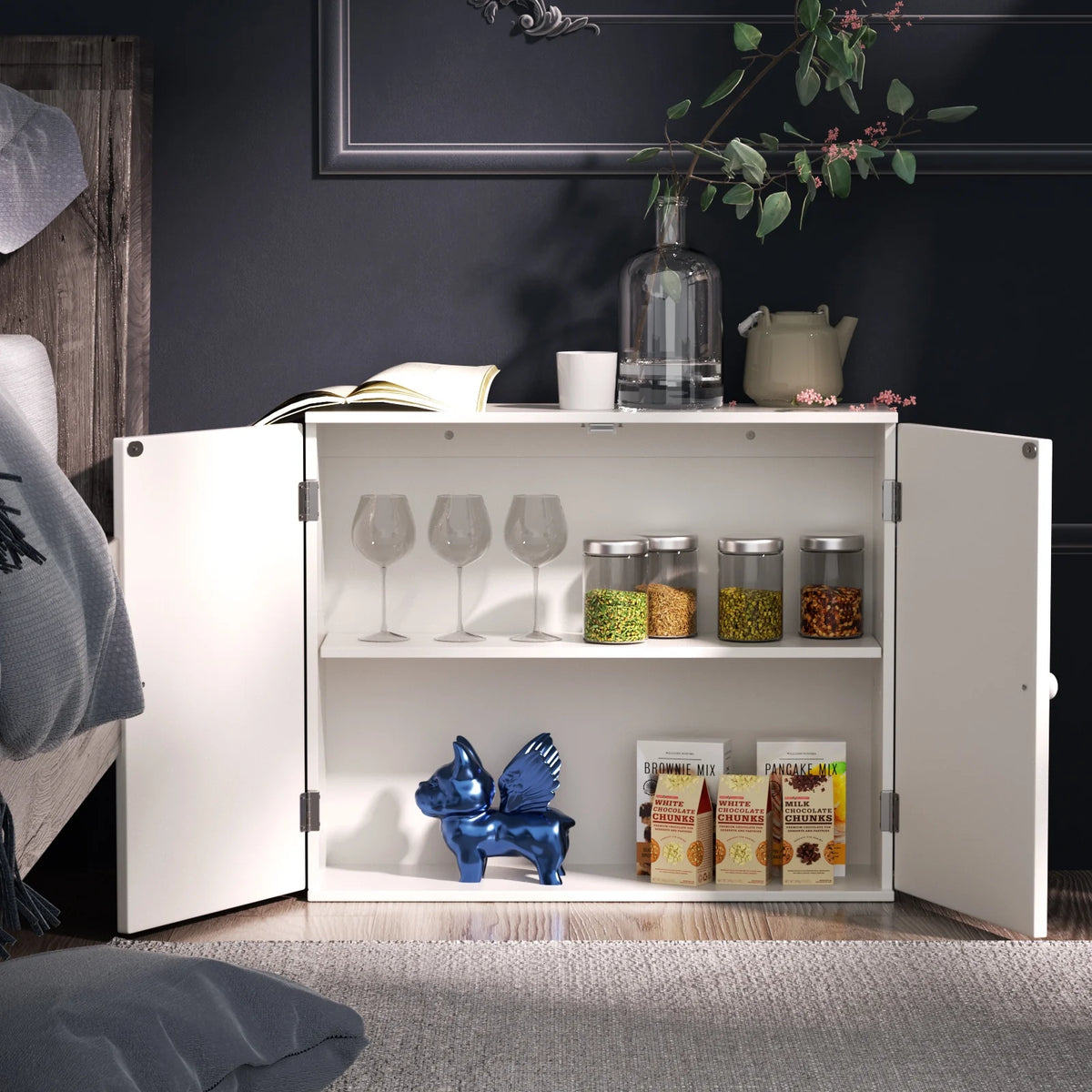 White Free Standing Wooden Bathroom Storage Cabinet with Double Doors S103998
