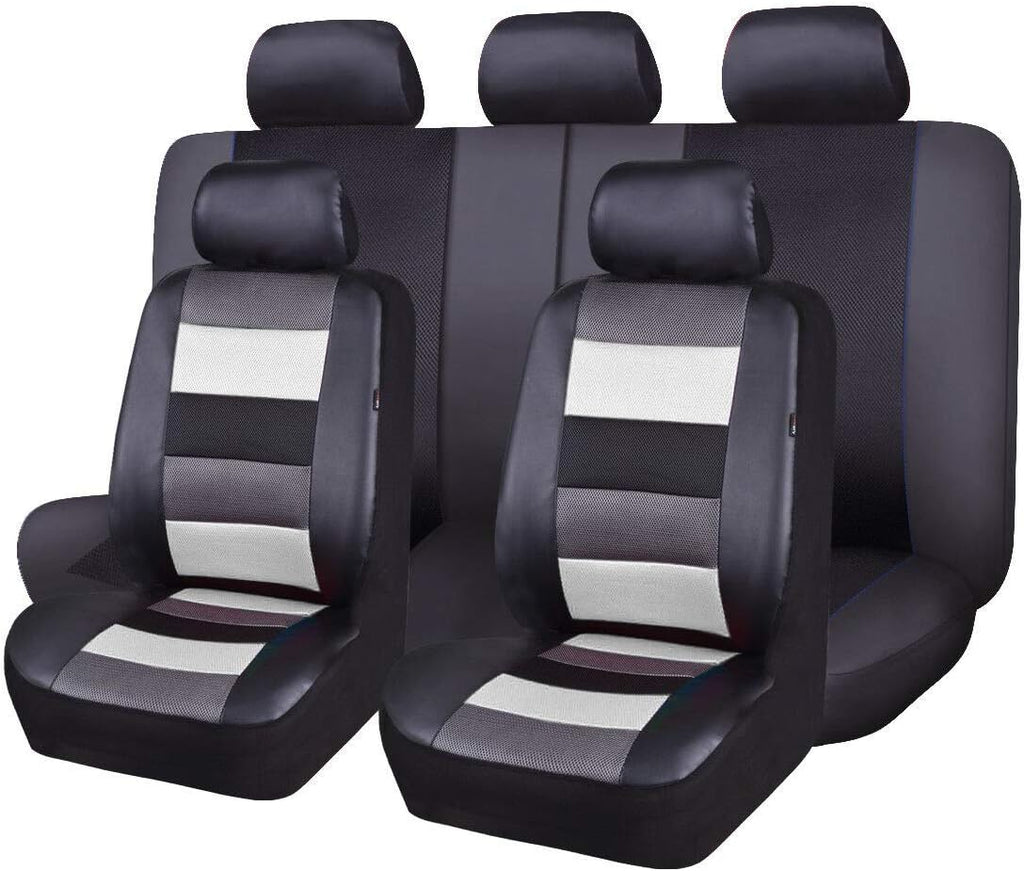 Black Leather and Red Fabric Mesh Car Seat Covers Full Set W3689