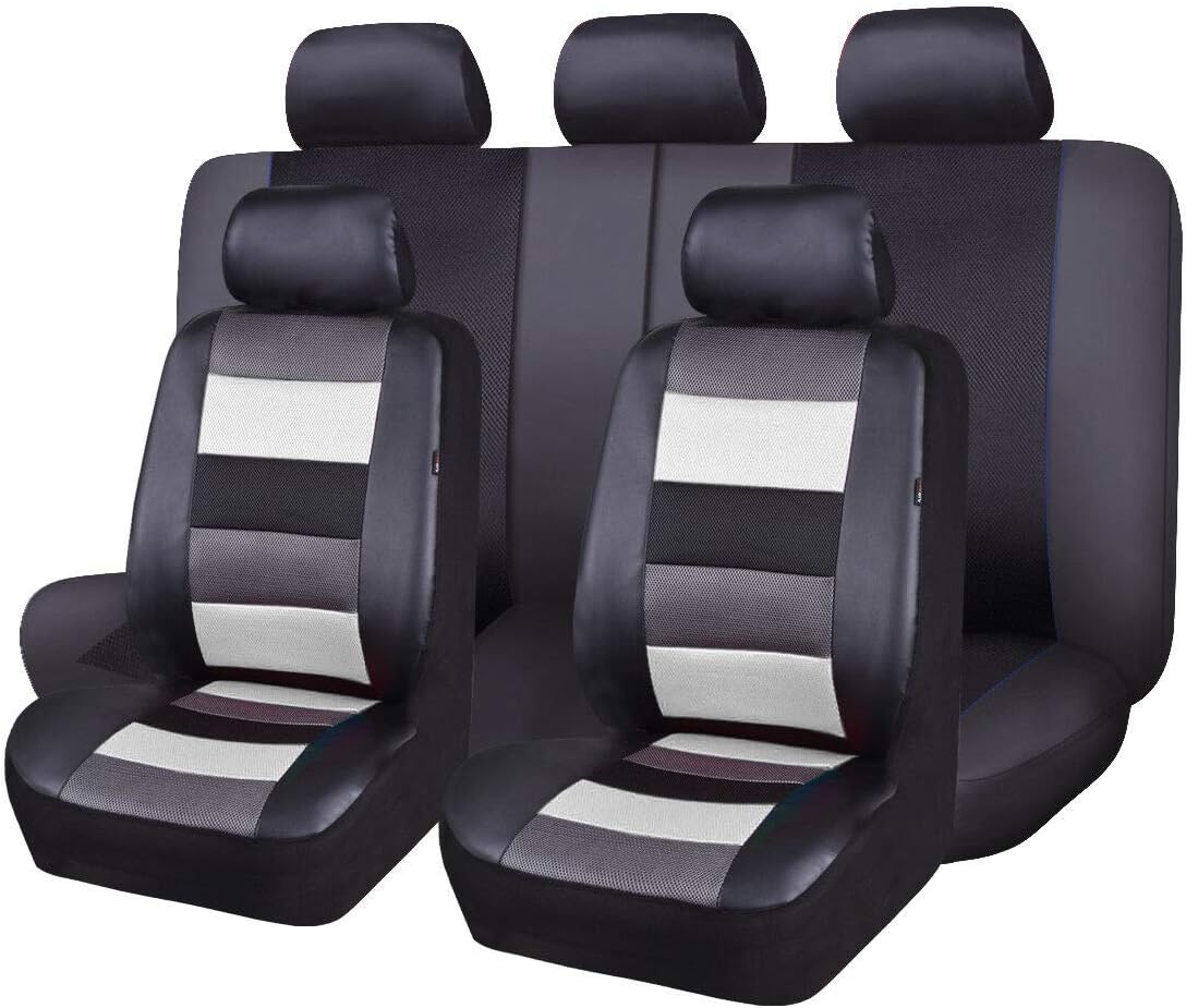 Black Leather and Red Fabric Mesh Car Seat Covers Full Set W3689