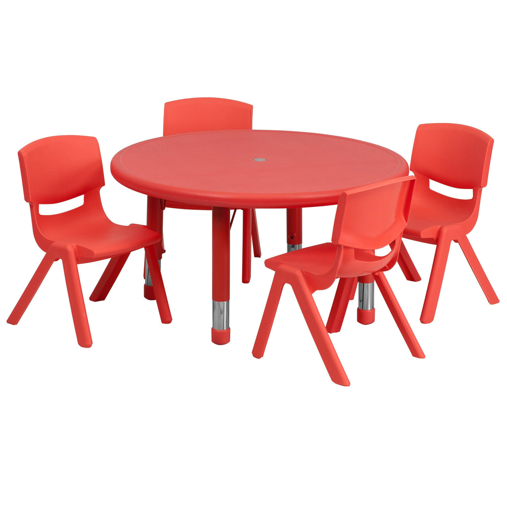 Red 33 inch Round Plastic Height Adjustable Activity Table Set with 4 Chairs Z26581