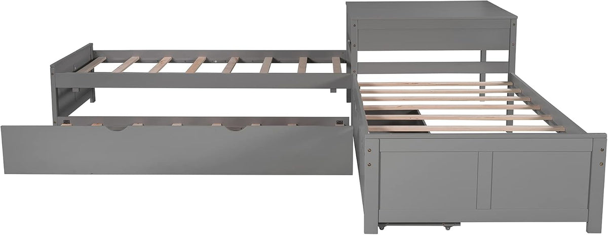 Twin L-Shaped Platform Bed with Trundle, 2 Storage Drawers, and Built-in Square Desk N18731