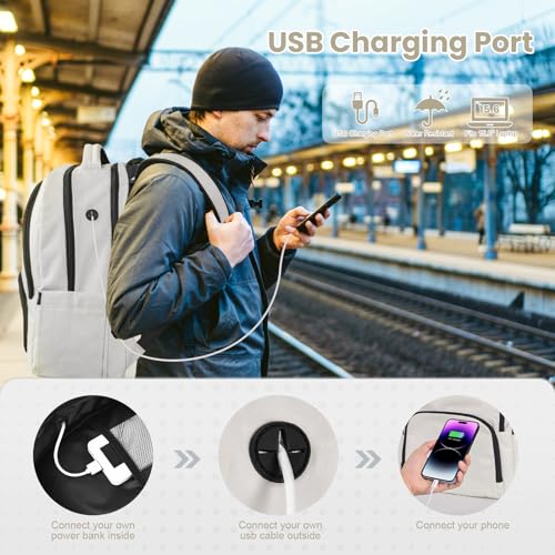17 Inch Grey Water Resistant Travel Laptop Backpack with USB Charger Hole & Luggage Sleeve I645347