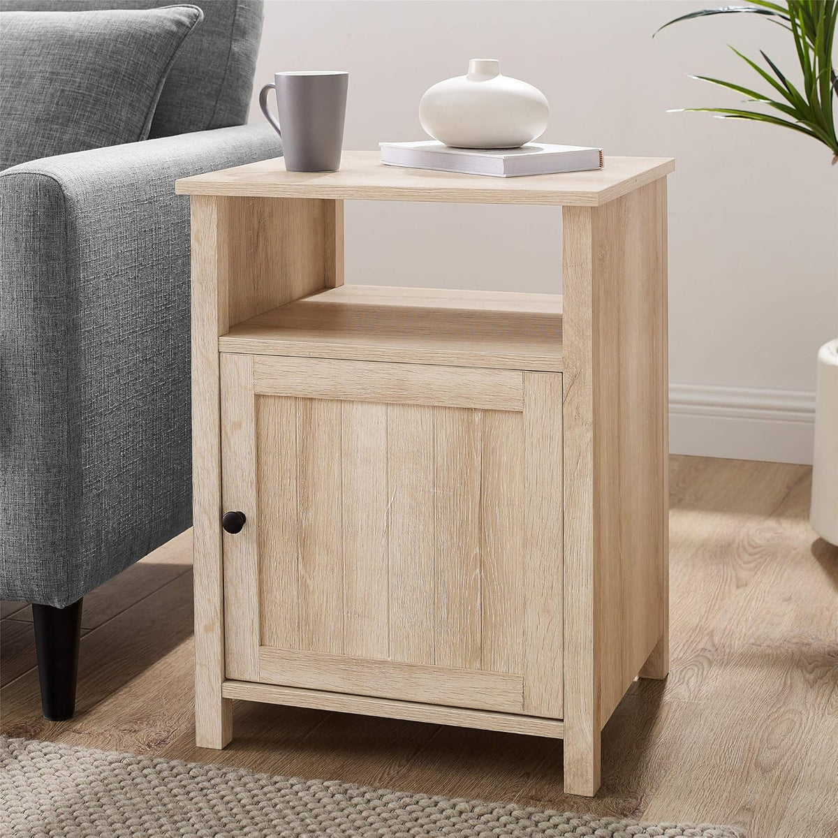Modern Farmhouse Wood Side Accent Table with Cabinet Door, 18 Inch, Grey Wash D67212