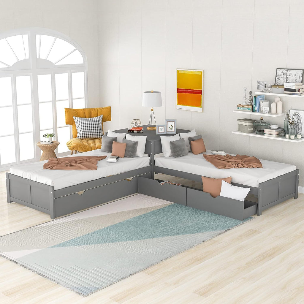 Twin L-Shaped Platform Bed with Trundle, 2 Storage Drawers, and Built-in Square Desk N18731