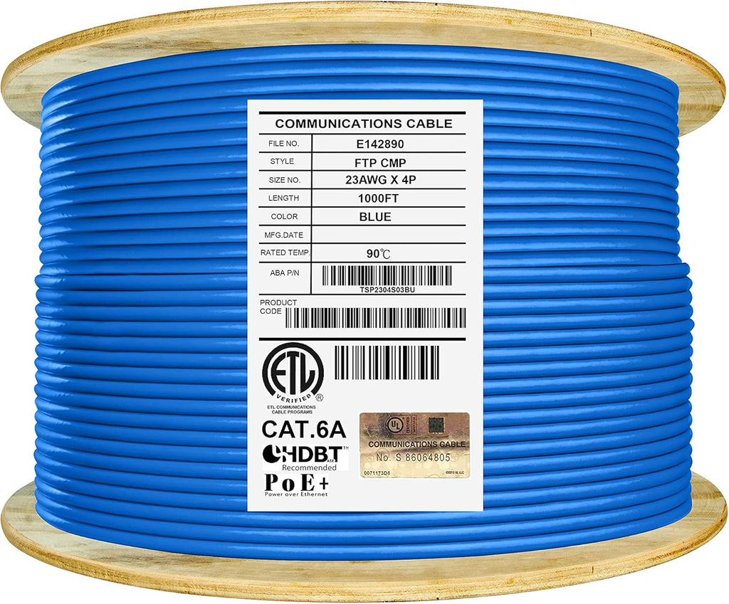 Bulk Ethernet Cable Reel, Cat6A Shielded Plenum, 1000ft, FTP 23AWG, Solid Pure Copper, Blue O9907