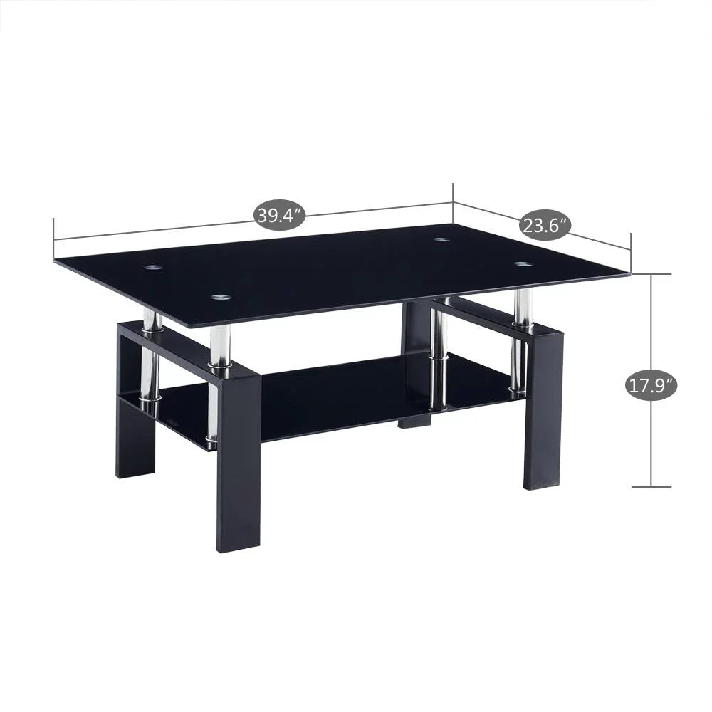 Rectangle Glass Coffee Table with Lower Shelf Metal Legs H885