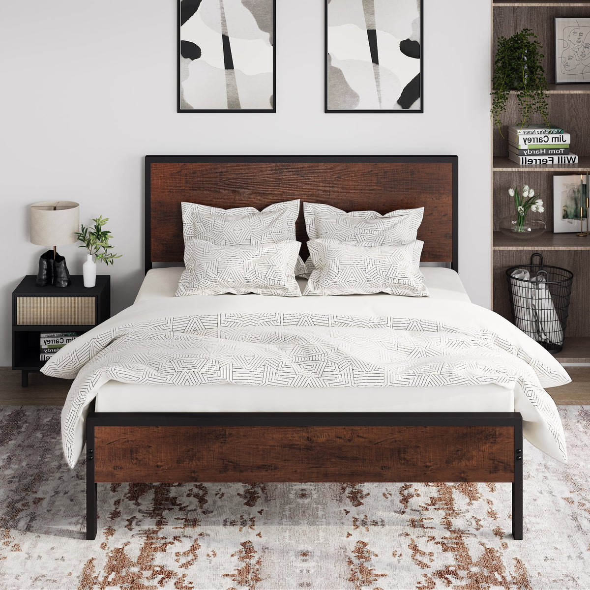 Queen Size Black Oak Headboard Bed Frame I976