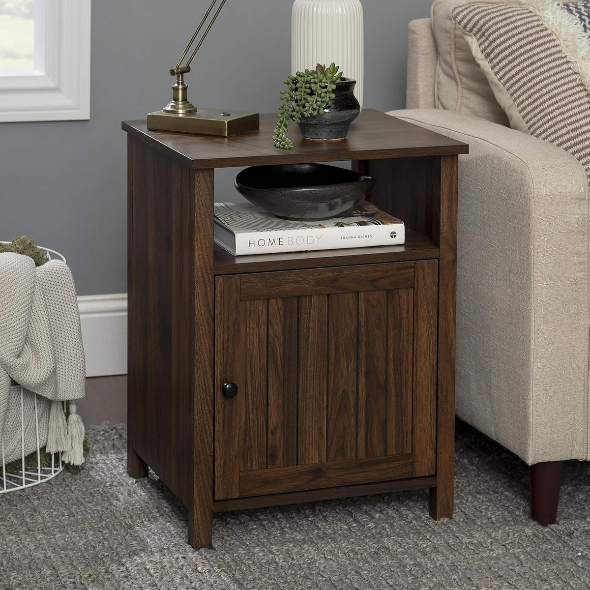 Modern Farmhouse Wood Side Accent Table with Cabinet Door, 18 Inch, Grey Wash D67212