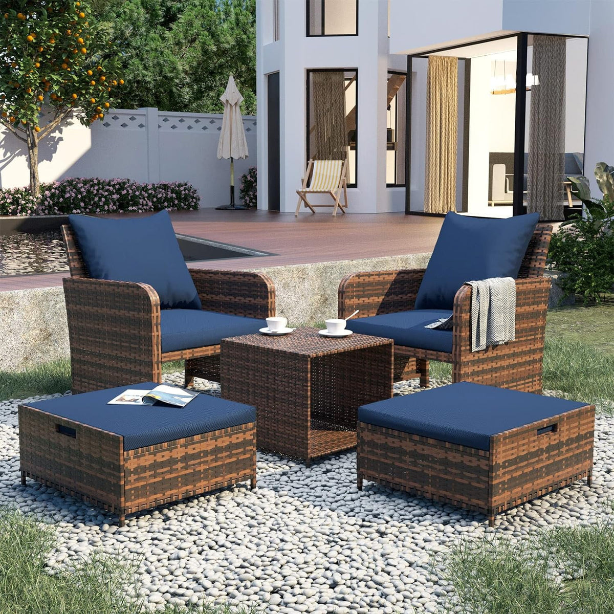 5 Piece Patio Conversation Rattan Chair Set with Storage Coffee Table R12296