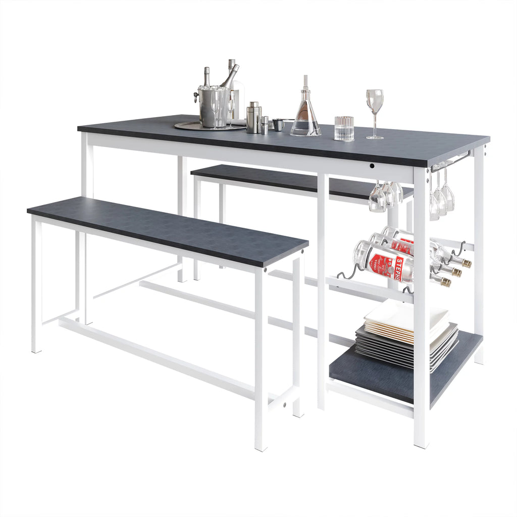 3-Piece Metal Dining Set with Wine Rack and Shelving, White W661394