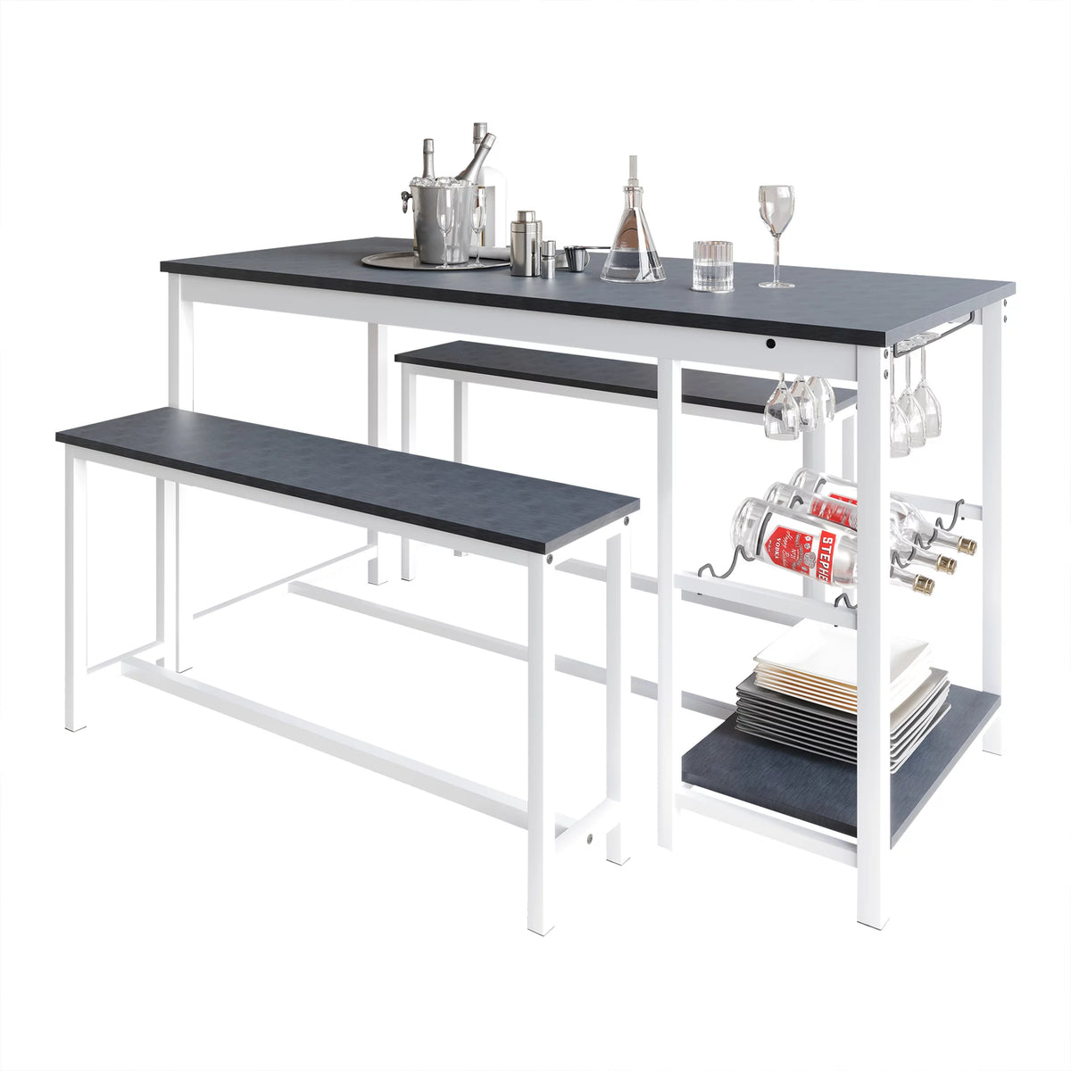 3-Piece Metal Dining Set with Wine Rack and Shelving, White W661394