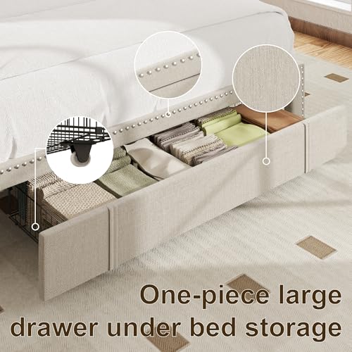 Queen Size Upholstered Platform Bed Frame with 1 Storage Drawer O58505