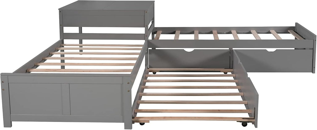 Twin L-Shaped Platform Bed with Trundle, 2 Storage Drawers, and Built-in Square Desk N18731