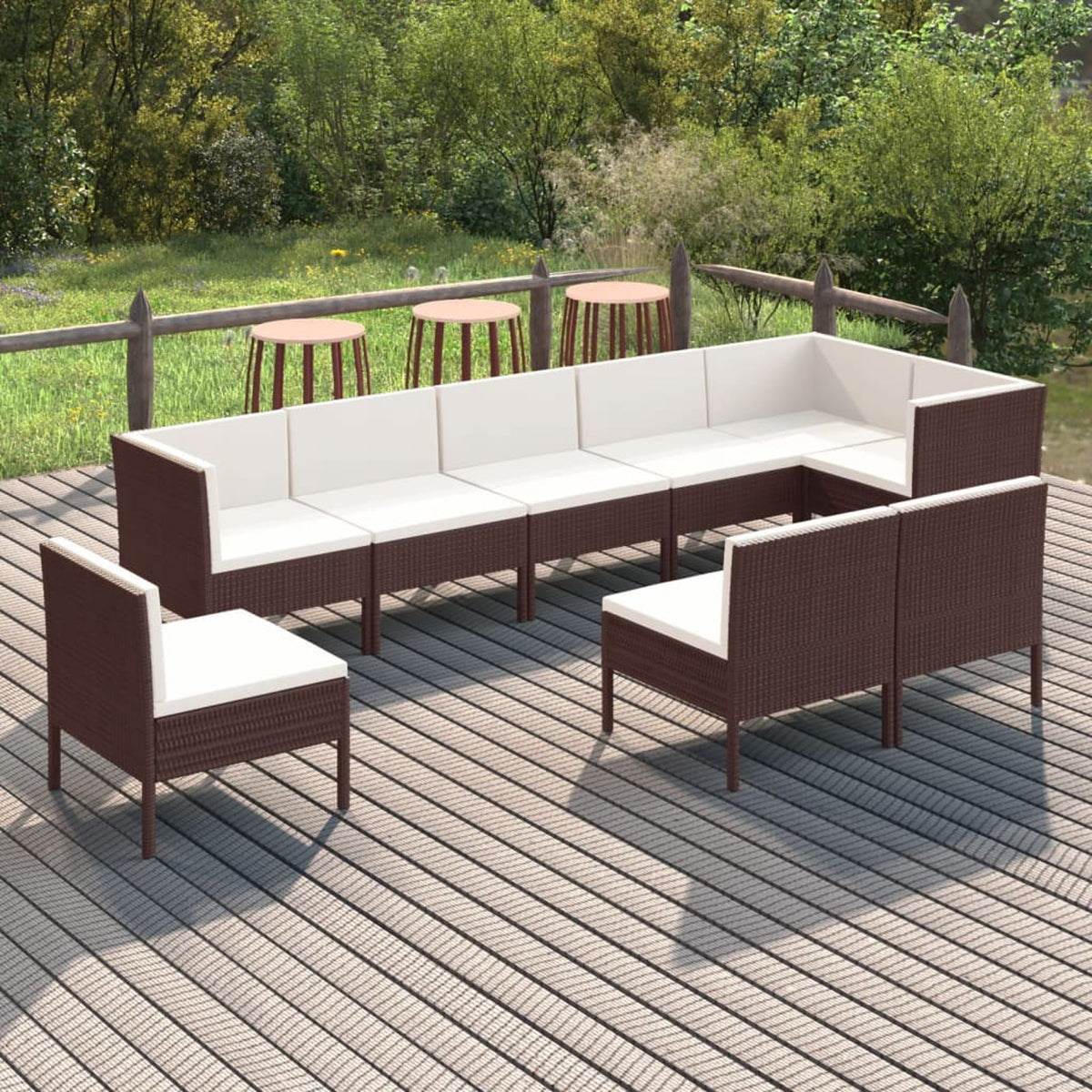 9 Piece Cream White Cushion Brown Poly Rattan Patio Lounge Set F850