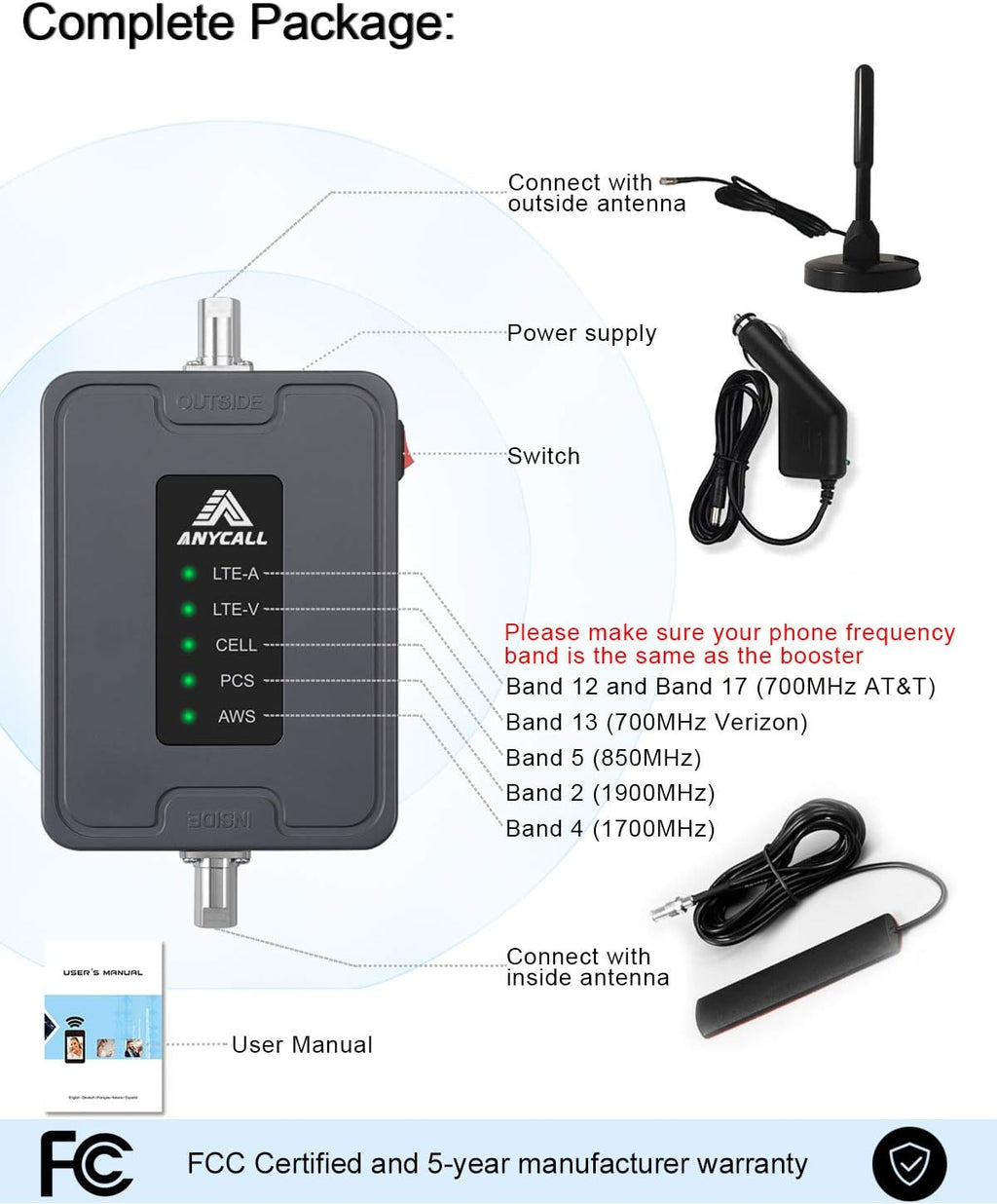 5 Bands Vehicle Cell Signal Booster T65013