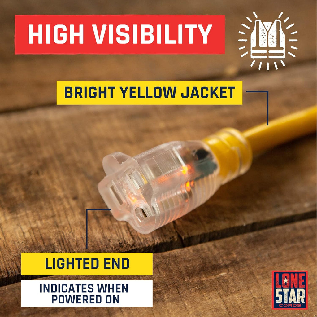 75 Foot 12/3 SJTW Lighted Extension Cord Yellow 3 Prong Grounded Plug 12 Gauge Cable Pack of 2 V819732