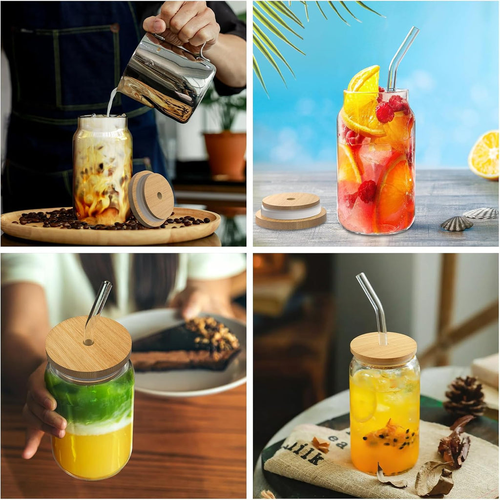 9pcs 16 oz Drinking Glasses with Bamboo Lids and Glass Straw P923