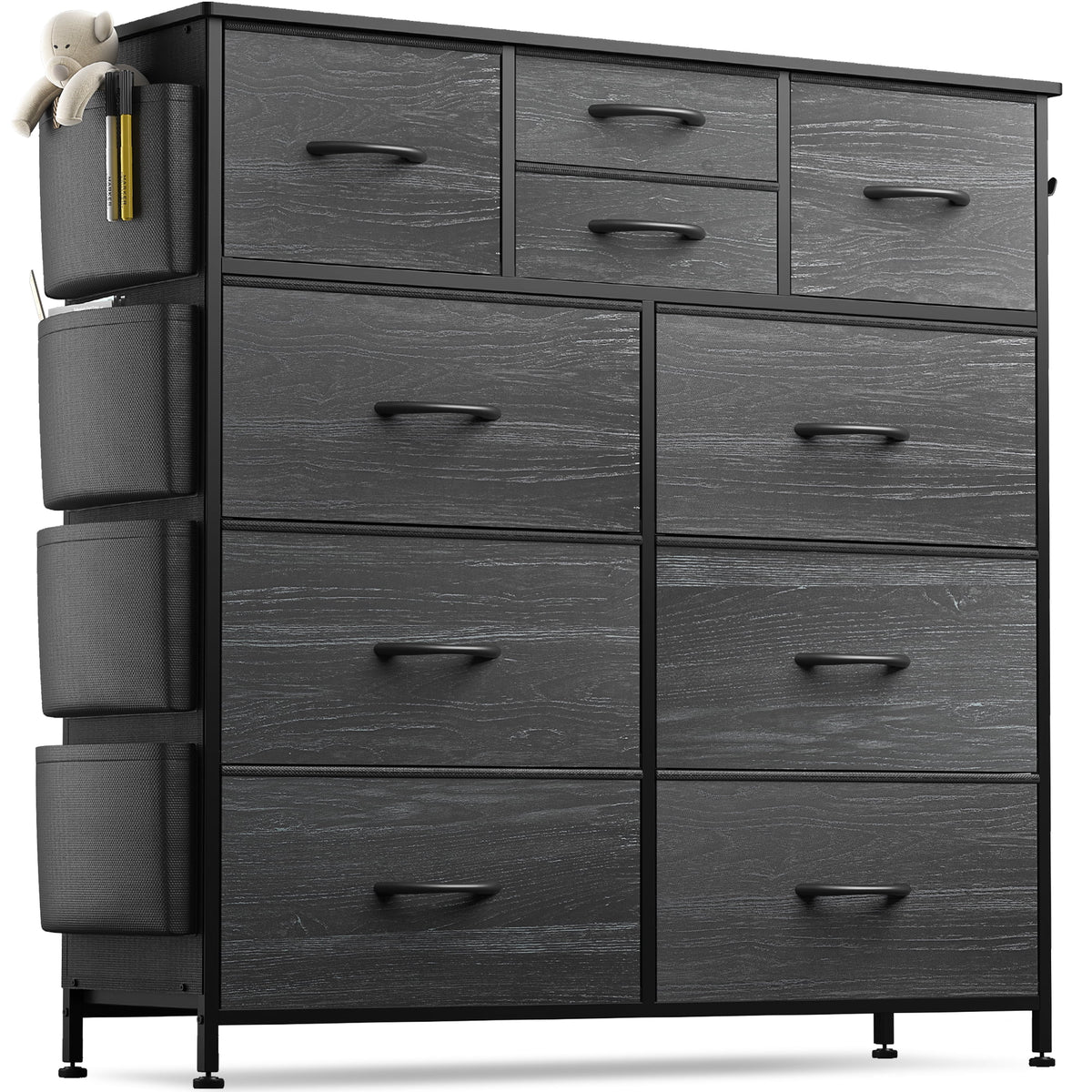 Black 10 Drawer Fabric Dresser with Wood Top W671351
