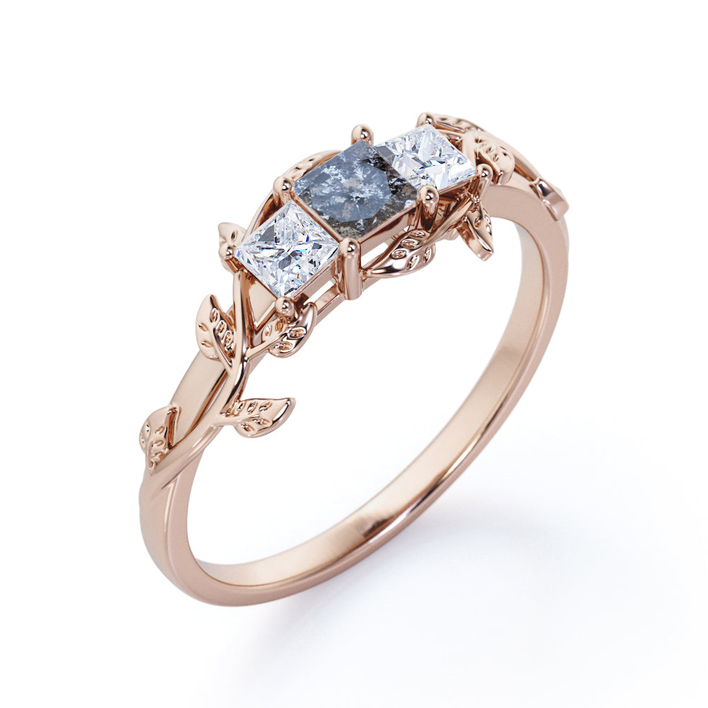 Triple Stone Engagement Ring with Salt and Pepper Diamond and Moissanite C3549