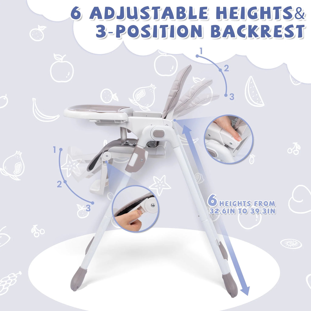 Portable Folding Highchair with Adjustable Height, Removable Tray, Gray I796809