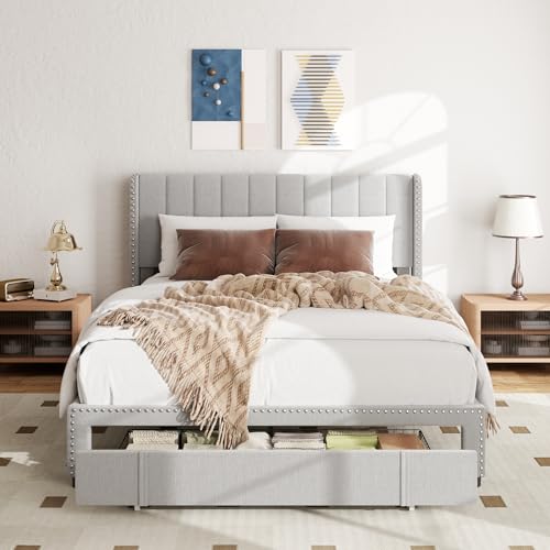 Queen Size Upholstered Platform Bed Frame with 1 Storage Drawer O58505