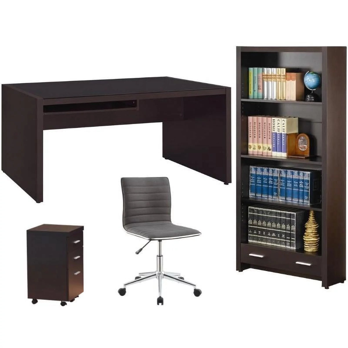 4 Piece Set with Desk Mobile File Cabinet Office Chair and Bookcase R9976