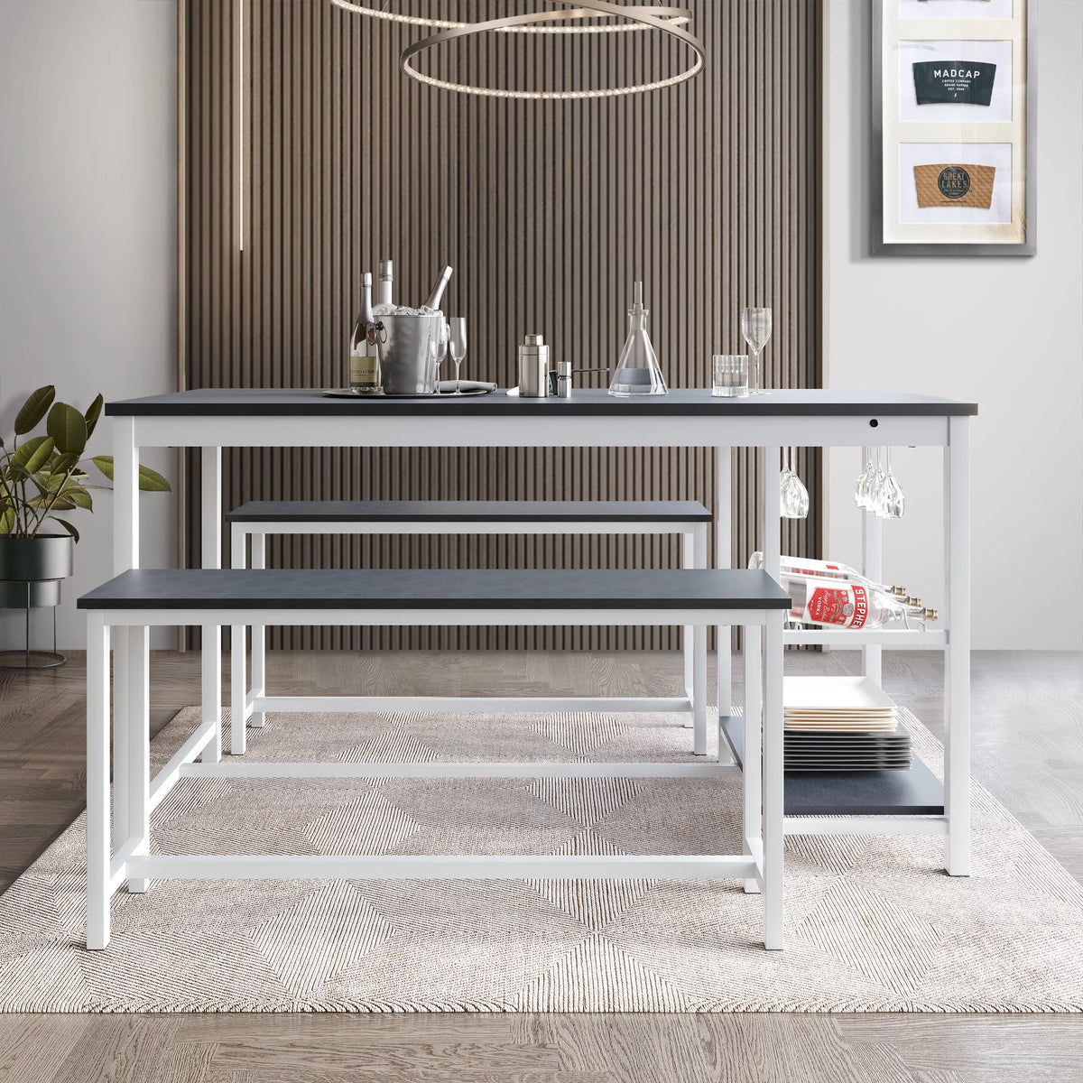 3-Piece Metal Dining Set with Wine Rack and Shelving, White W661394