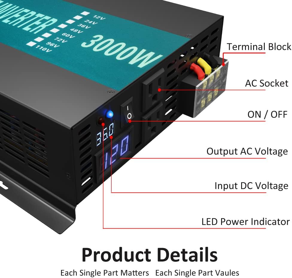 3000W 48V 120V Pure Sine Wave Power Inverter with 2 AC Outlets D6183