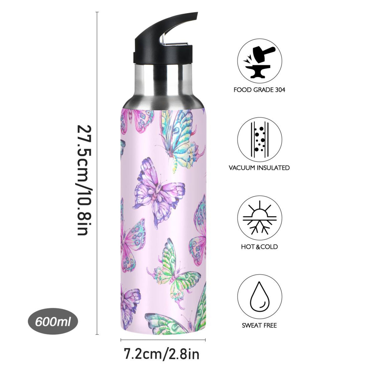 Pink Stainless Steel Insulated Water Bottle with Straw Lid B36855