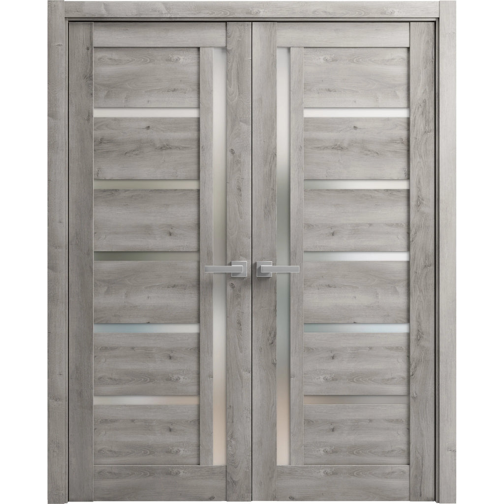 Solid French Double Doors 56 x 84 inches with Frosted Glass Wood Frame C131