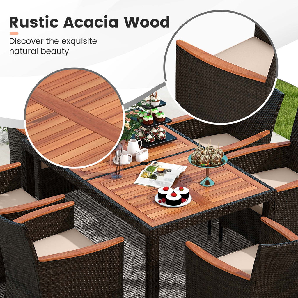 7 Pieces Outdoor Wicker Dining Set with Acacia Wood Table A537885
