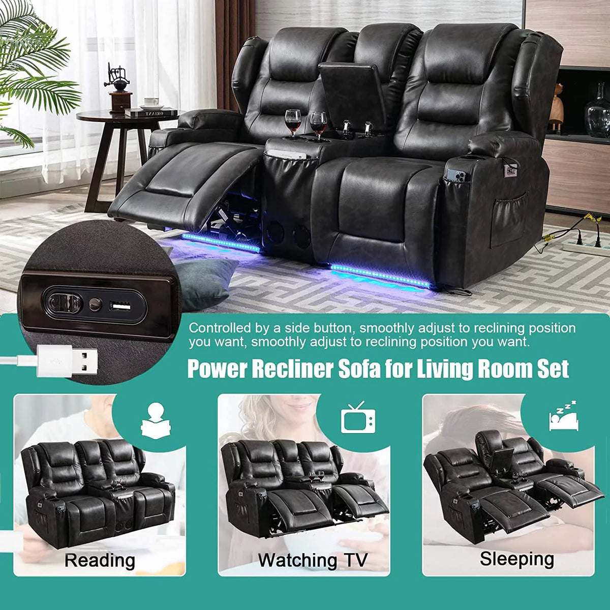 Electric Power Recline Sofa with Console T7639