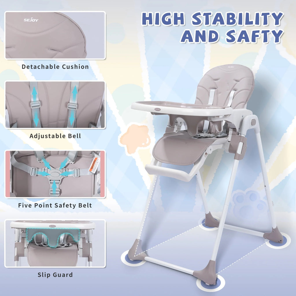 Portable Folding Highchair with Adjustable Height, Removable Tray, Gray I796809