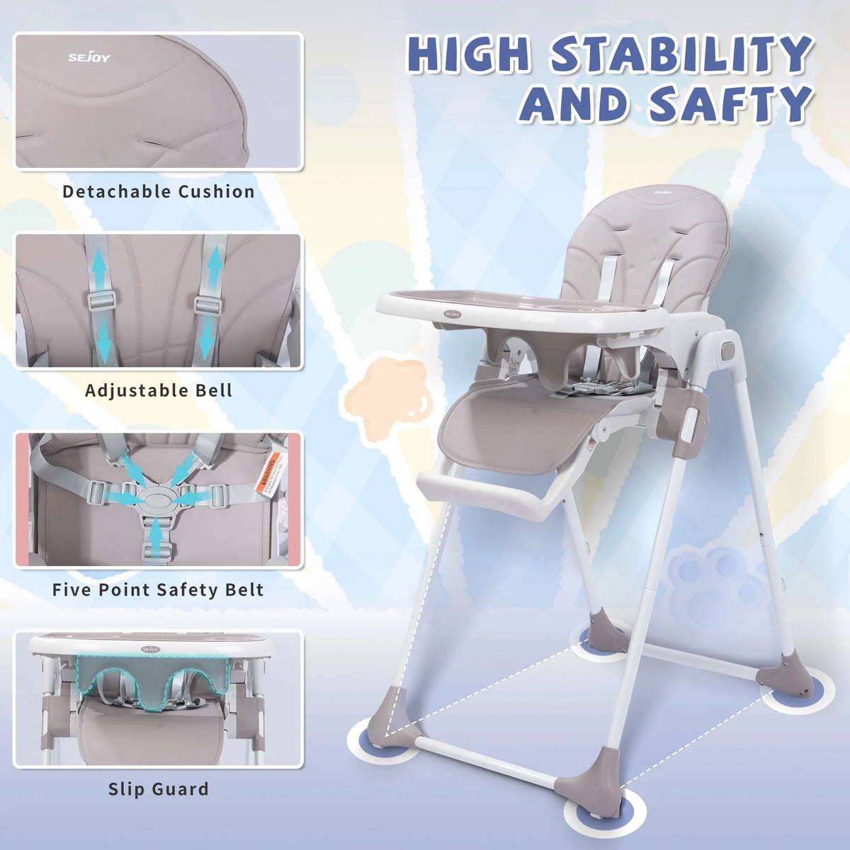 Portable Folding Highchair with Adjustable Height, Removable Tray, Gray I796809